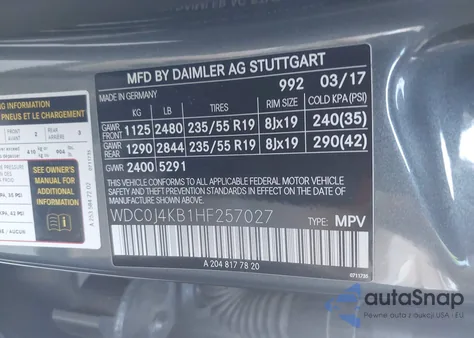 2017 Mercedes-Benz Glc 300 Coupe 4Matic z USA, uszkodzony, nr VIN WDC0J4KB1HF257027